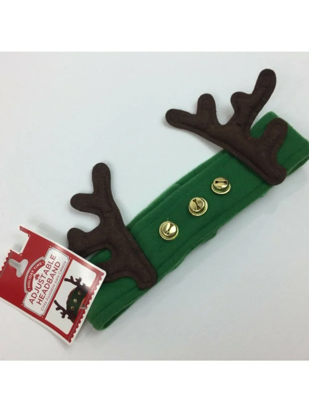 Holiday Time Adjustable Reindeer Antler Headband With Bells Christmas Green Flee